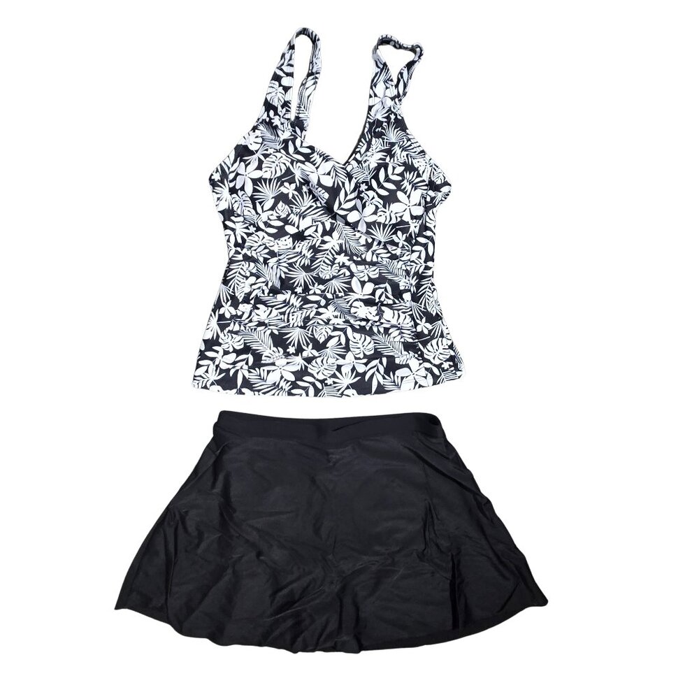 NWOT | Black & White Tropical Floral Skirted Tankini Two-Piece Swimsuit | Medium